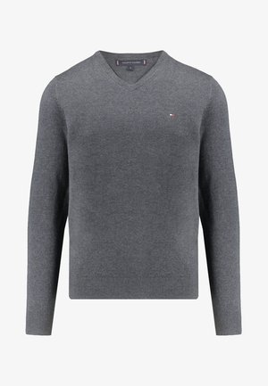 Maglione da uomo grigio con scollo a V, maniche lunghe e piccolo logo Tommy Hilfiger sul petto sinistro.