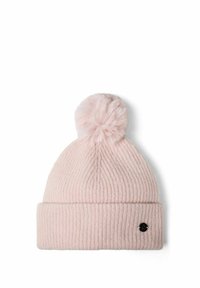 Berretto lavorato a maglia rosa con una texture a coste, con un pompon soffice in cima e un piccolo logo nero sul polsino.