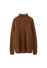 Hnědý rolákový svetr s žebrovaným vzorem a dlouhými rukávy, který má texturovaný pletený design a přiléhavý žebrovaný límec i lem.