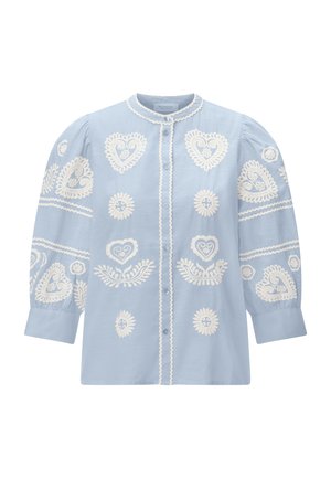 Light blue blouse with white embroidered hearts, flowers, and scalloped trim, featuring puffed long sleeves and front buttons.