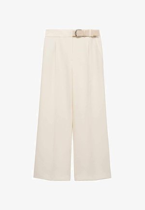 Löysät housut vaaleankermanvärissä, jossa on tasainen etuosa, poimutukset ja yhteensopiva vyö metallisoljella.