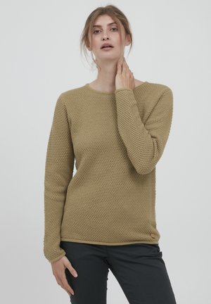 Khaki knitted sweater with a textured pattern and round neckline; features long sleeves and a small branded accent at the hem.