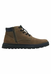 Brown leather ankle boots with a black collar, lace-up front, side zipper, and textured rubber sole. Features contrast stitching.