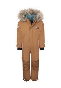 Bruin kinder sneeuwpak met een capuchon met nepbont, ritsluiting, geribde manchetten en reflecterende accenten. Beschikt over zakken en verstelbare banden.