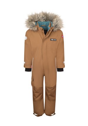 Brauner Schneanzug für Kinder mit einer Kapuze aus Kunstpelz, Reißverschluss, gerippten Bündchen und reflektierenden Akzenten. Verfügt über Taschen und verstellbare Träger.