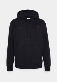 Sweat-shirt à capuche noire en tissu doux, présentant une poche kangourou, des poignets côtelés et un logo de Liverpool brodé en bordeaux.