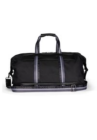 Czarna torba podróżna wykonana z gładkiego materiału, z dwoma uchwytami do noszenia i odpinanym paskiem, podkreślona szarym materiałem z wzorem logo.