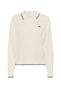 Cream long-sleeve polo shirt with black stripe accents on the collar and hem, featuring a small embroidered logo on the chest.