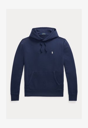 Sudadera con capucha de color azul marino, hecha de algodón suave, con un bolsillo frontal, cierre de cordón y un pequeño logo bordado en el pecho.