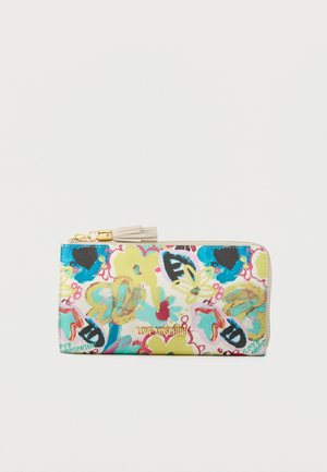 Portofel dreptunghiular cu fermoar, cu imprimeu floral abstract colorat, logo auriu „Love Moschino” și fermoar cu ciucure bej.