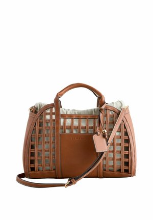 Geantă de mână din piele maro cu design în grilă, interior din țesătură bej, mânere superioare, curea de umăr reglabilă și buzunar frontal cu brandul "Le Marais".