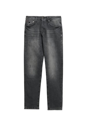 Jean en denim gris foncé avec une coupe droite, délavés, style à cinq poches et quincaillerie en métal sur le devant.