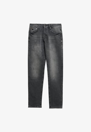 Jean en denim gris foncé avec une coupe droite, délavés, style à cinq poches et quincaillerie en métal sur le devant.