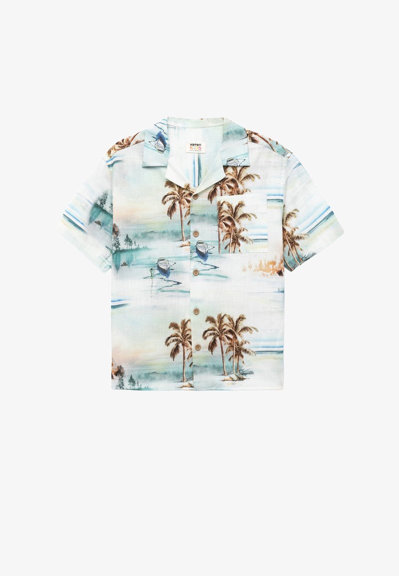 Koszula z krótkim rękawem zapinana na guziki, wykonana z lekkiego materiału, z niebieskim i beżowym nadrukiem palm i oceanu, z kieszenią na piersi i kołnierzykiem typu pointed.
