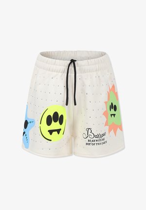 Cremfarvede shorts med snøre i taljen; har farverige monstermotiver i blå, grøn og orange med trykt tekst og små sølvdetaljer.