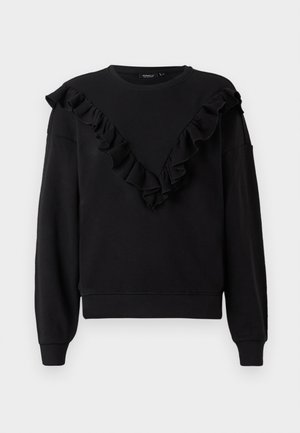 Black sweatshirt with long sleeves, featuring a ruffled V-neck design. Made of soft fabric, includes ribbed cuffs and hem for comfortable fit.