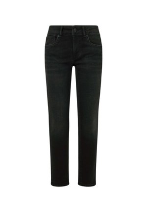 Pantalones vaqueros de mezclilla negra con un diseño de pierna recta, estilo de cinco bolsillos, cierre frontal de cremallera y botón, y detalles de costura minimalistas.