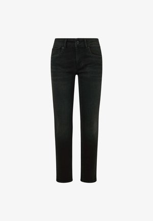 Crne traperice od denima s ravnim krojem, stil s pet džepova, prednje zatvaranje na zatvarač i gumb, te minimalistički detalji šavova.