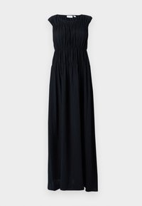 Black maxi dress with a fitted bodice, gathered texture, and cap sleeves. The dress has a flowy design, falling to a full-length skirt.