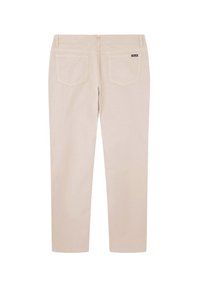 Pantalon en coton beige avec un design à cinq poches, jambe droite et coutures renforcées. À l'arrière, il présente deux poches à rabat et une étiquette logo.