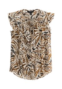 Short-sleeve blouse in lightweight fabric with a brown and black animal print, featuring a ruffled front and tie detail at the neckline.