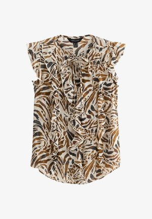 Korte mouwen blouse van lichtgewicht stof met een bruin en zwart dierenprint, met een gerimpelde voorkant en een strikdetail bij de halslijn.