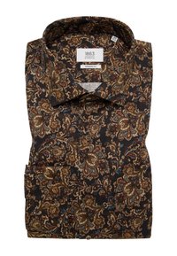Camicia a maniche lunghe, con una base marrone scuro e intricati motivi paisley in oro, blu e rosso. Vestibilità moderna con colletto classico e dettagli con bottoni.