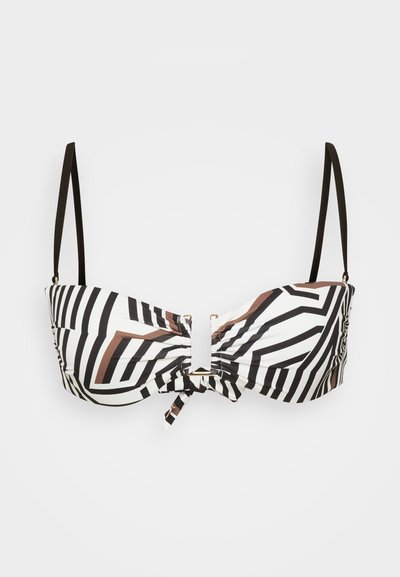 Μαύρο και άσπρο ριγέ μπικίνι τοπ με καφέ λεπτομέρεια, διαθέτοντας ρυθμιζόμενους ιμάντες, κόμπο στο μπροστινό μέρος και μεταλλική λεπτομέρεια κούμπωμα.