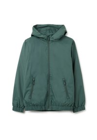 Kapuzenshirt in Dunkelgrün, aus leichtem Material gefertigt. Verfügt über einen Frontreißverschluss, elastische Bündchen und zwei Seitentaschen. Glatte Textur.