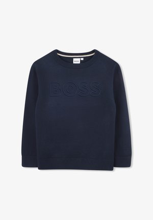 Tumši zila kapuce izgatavota no mīkstas auduma, ar apaļu kakla izgriezumu un reljefu "BOSS" logotipu priekšpusē. Ribota piedurkņu un apakšdaļas daļa.