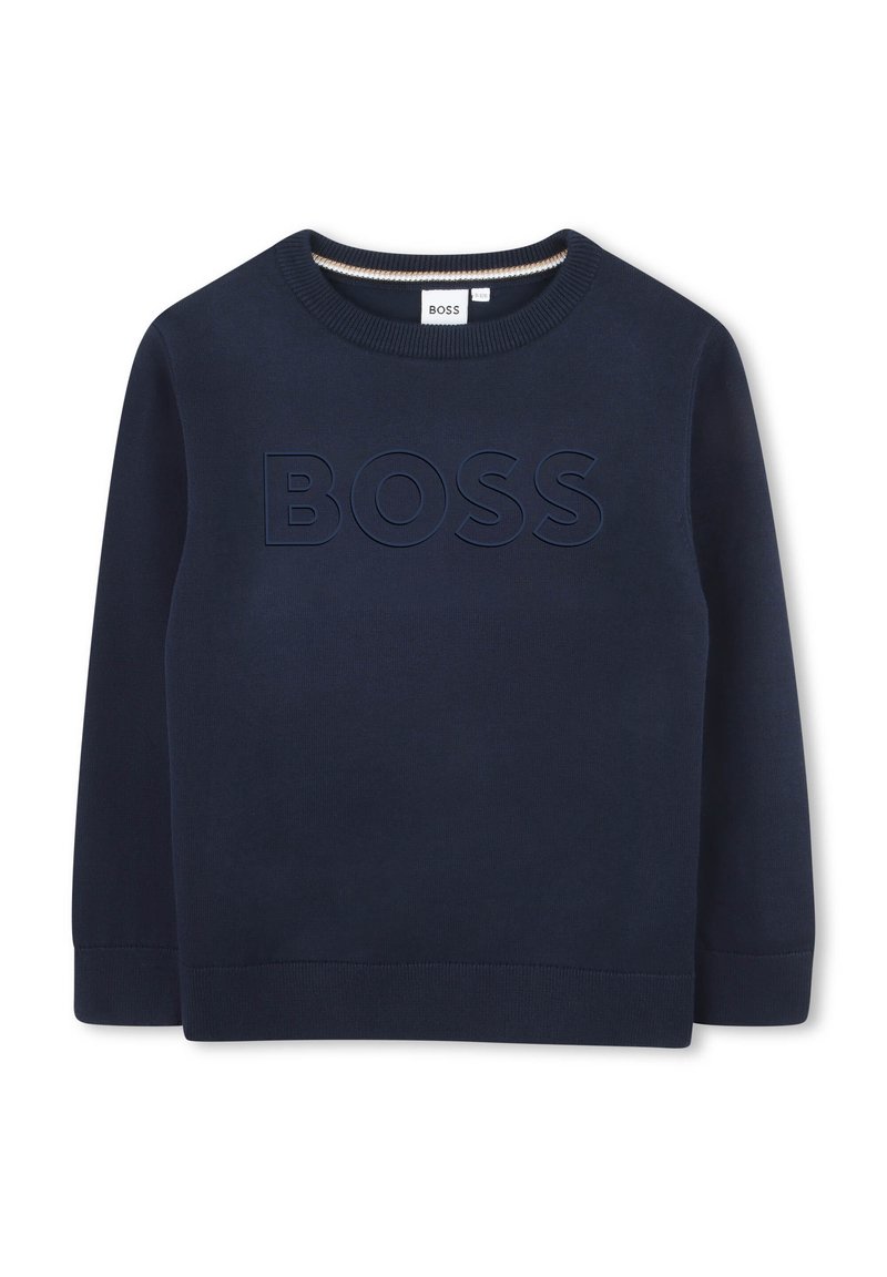 Sweatshirt azul-marinho feito de tecido macio, com decote redondo e logotipo "BOSS" em relevo na frente. Punhos e bainha canelados.