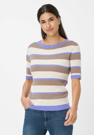 Maglione a maniche corte in maglia a coste con strisce beige chiaro, marroni e lavanda; presenta un collo rotondo e bordi a contrasto.