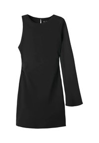 Vestido negro de manga larga con cuello redondo, que presenta fruncidos laterales, una forma ajustada y un cierre en forma de ojo de cerradura en la parte posterior. Tejido suave y elástico.