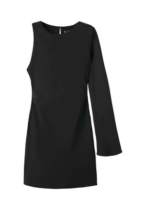 Robe noire à manches longues avec un col rond, dotée de fronces sur les côtés, d'une silhouette ajustée et d'une fermeture en forme de clé dans le dos. Tissu lisse et extensible.