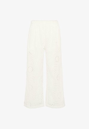 Pantalon blanc à jambes larges avec taille élastique, orné de motifs floraux brodés en œillets sur tout le tissu.