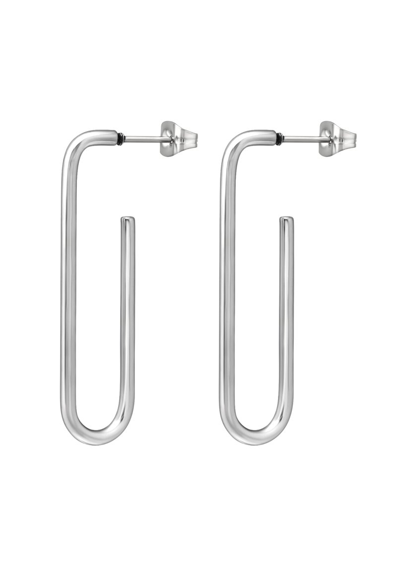 Orecchini in metallo argentato dal design moderno e allungato a forma di u. Texture liscia con una finitura lucida e una chiusura sicura per indossarli.