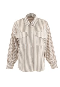 Camisa de botones a rayas en crema y marrón, con mangas largas, cuello y dos bolsillos frontales, con un diseño de corte relajado.