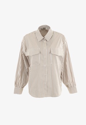 Camicia a righe button-up in crema e marrone, con maniche lunghe, colletto e due tasche frontali, dal design morbido.