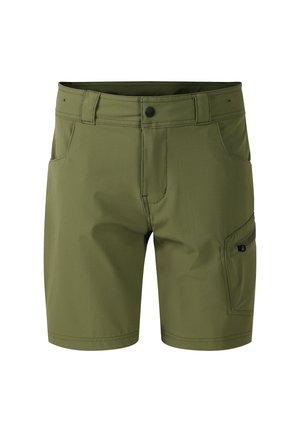 Pantalones cortos casuales verdes con trabillas para cinturón, cierre de botón frontal, bolsillos laterales y un bolsillo con cremallera en la pierna derecha.