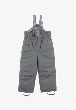 Szare ocieplane spodnie śniegowe z regulowanymi szelkami, zamkiem błyskawicznym z przodu, kieszenią boczną i elastycznymi mankietami w kostkach dla lepszego zatrzymywania ciepła.