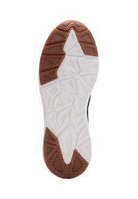 Schwarze Sportschuhsohle mit einer weißen Basis, die mit einer strukturierten Gummischicht versehen ist, sowie dreieckigen und geometrischen Mustern und einem braunen Akzentbereich.