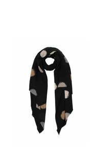 Black scarf featuring abstract polka dot patterns in beige, light brown, and gray. Soft texture with fringed edges. Long rectangular shape.