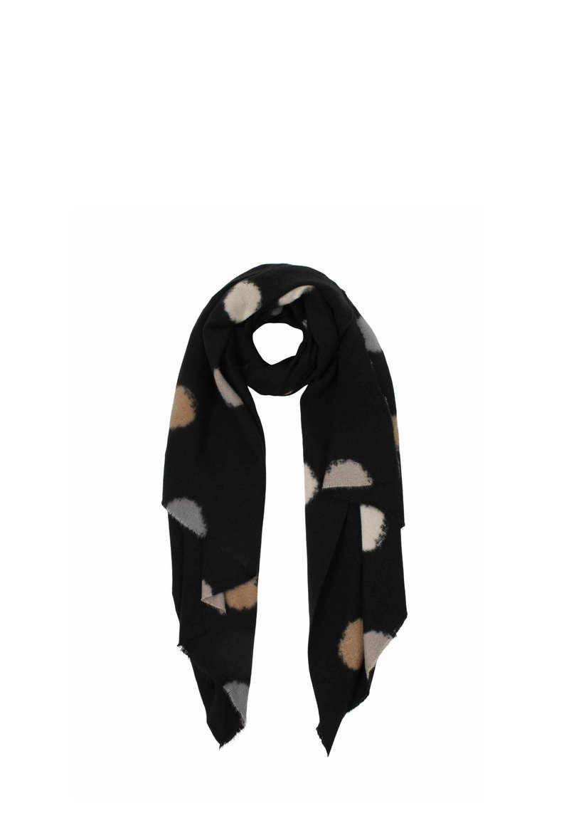 Black scarf featuring abstract polka dot patterns in beige, light brown, and gray. Soft texture with fringed edges. Long rectangular shape.
