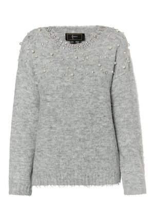 Hallide hallidega hall kudum, millel on ümmargune kaelus, kaunistatud dekoratiivsete pärlite ja sädelevate kividega ülemises eesosas ning pehme, koheva tekstuuriga.