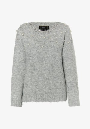 Hallide hallidega hall kudum, millel on ümmargune kaelus, kaunistatud dekoratiivsete pärlite ja sädelevate kividega ülemises eesosas ning pehme, koheva tekstuuriga.