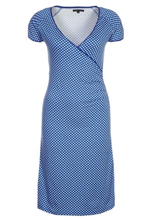 Robe portefeuille à manches courtes à carreaux bleu et blanc, col en V et longueur au genou.