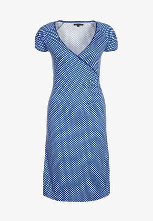 Robe portefeuille à manches courtes à carreaux bleu et blanc, col en V et longueur au genou.
