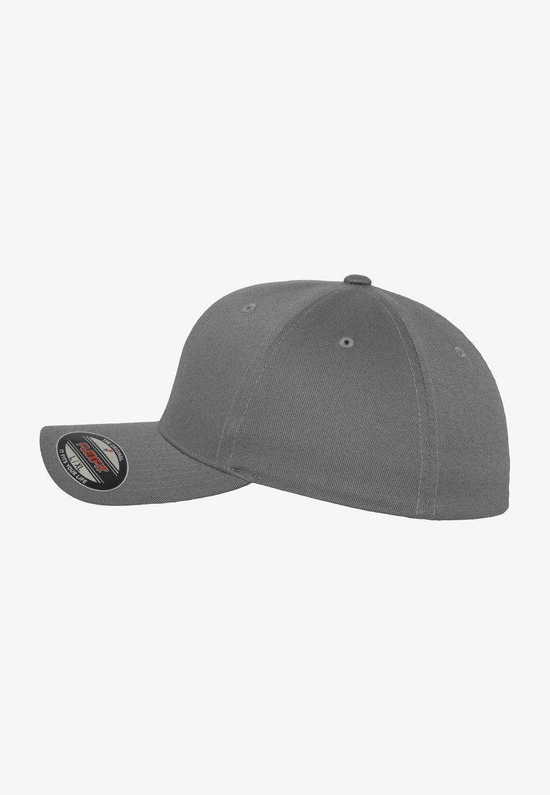 Gray baseball cap with curved brim, six ventilation eyelets, and a smooth fabric texture. Features a branded label on the side.