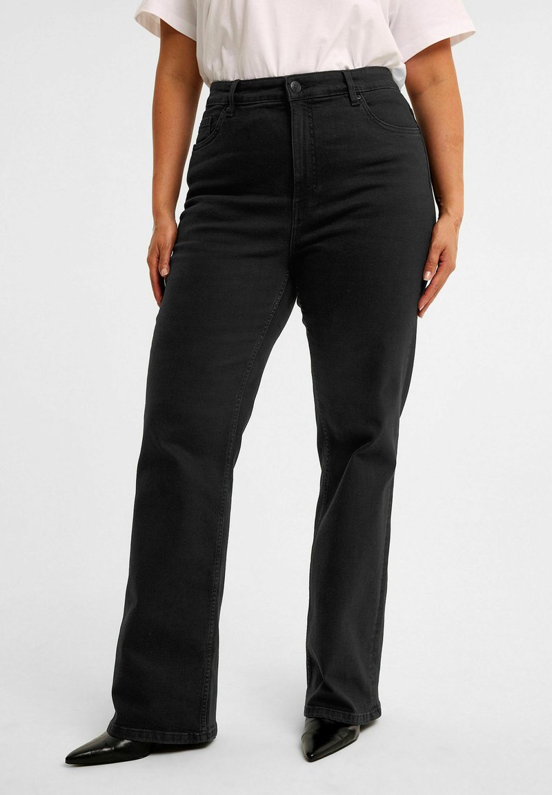 Schwarze, hochtaillierte Jeans mit geradem Bein, aus Denim gefertigt, mit Fronttaschen und Knopfverschluss. Strukturierter Stoff.