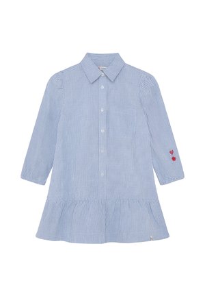 Lichtblauw-wit gestreept overhemd met lange mouwen, een gelaagde zoom, knoopsluiting, kraag en kleine rode bloemembroidery op de mouw.